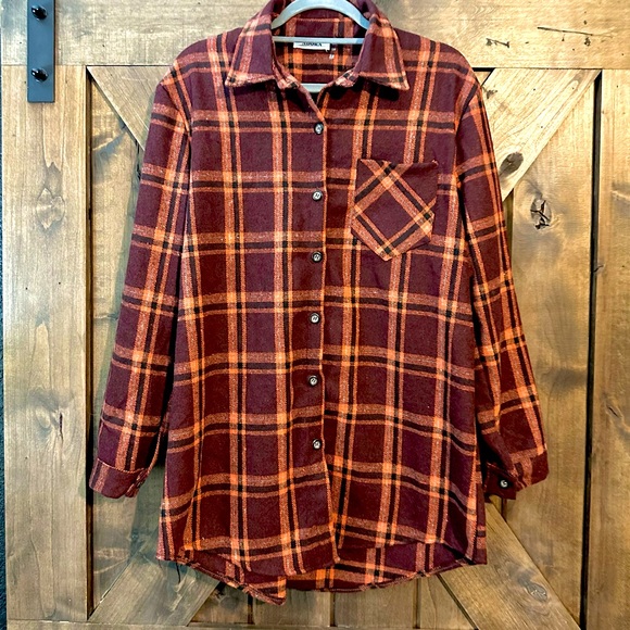 ADORA Tops - ADORA Burgundy & Orange Plaid Button Front Flannel Top